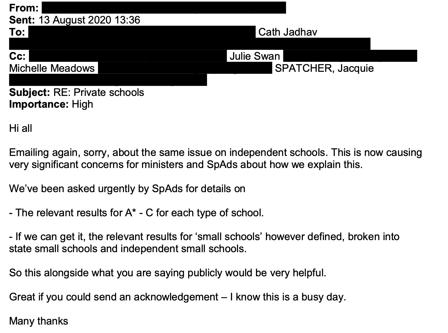 Documents sent by DfE to Ofqual on A-level results day.