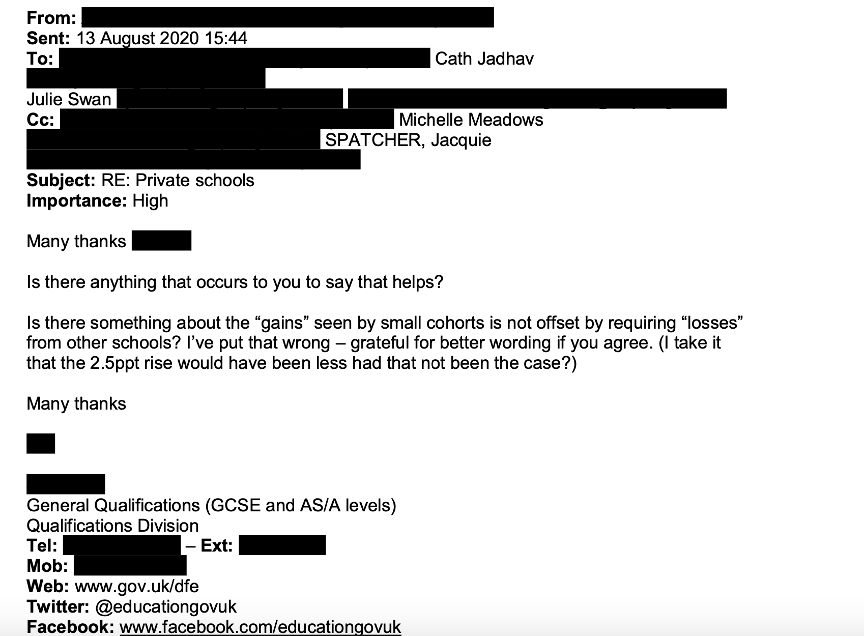 New documents show how DfE and Ofqual discussed how to explain the boost private school performance in this summer's A-level results.