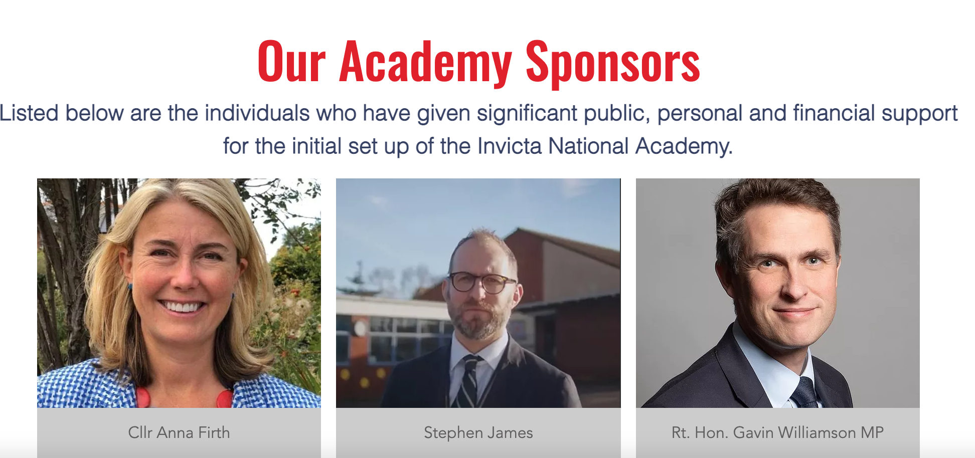 The Invicta National Academy's website this morning listed Gavin Williamson as a sponsor.