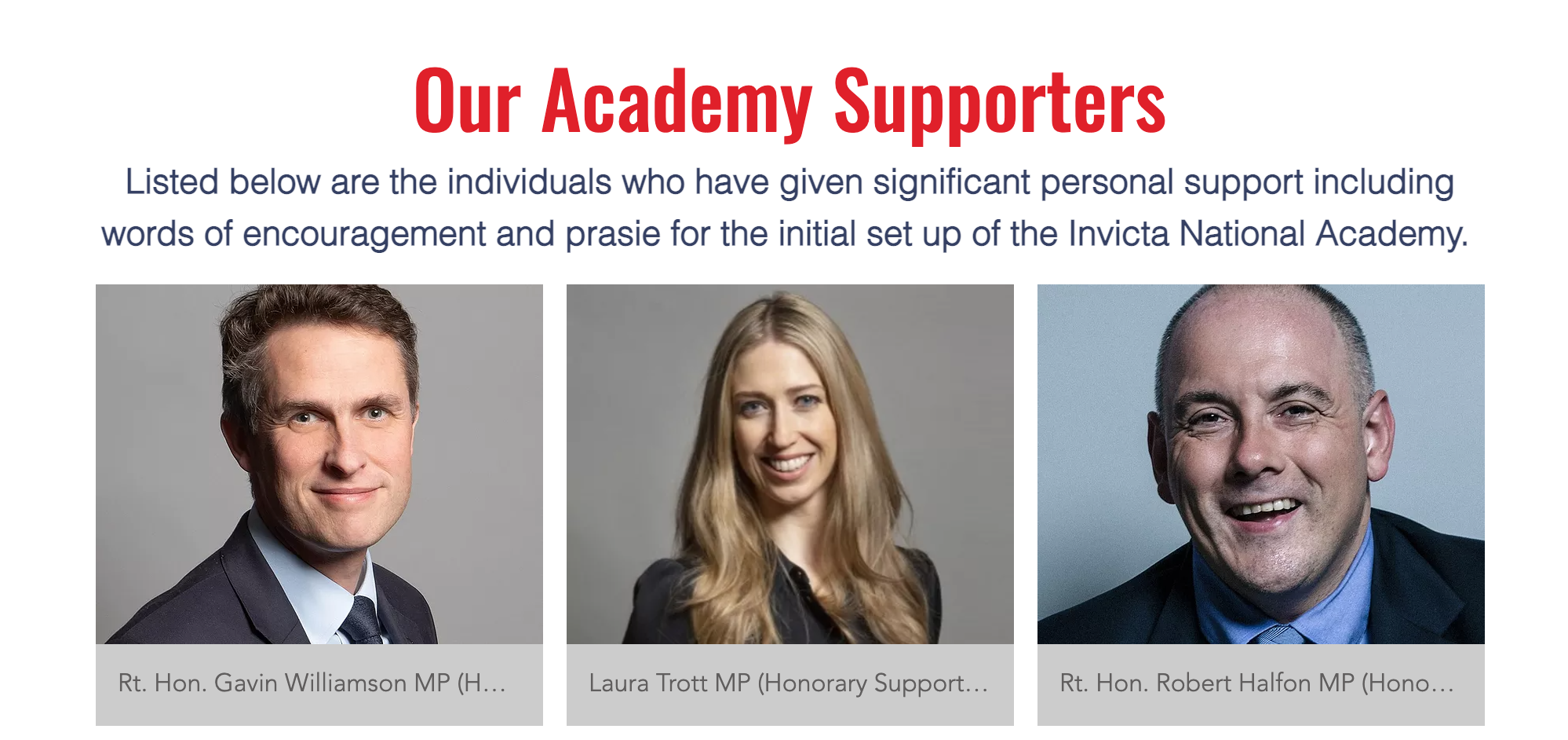 The amended website for the Invicta National Academy now lists Gavin Williamson as a supporter rather than a sponsor.