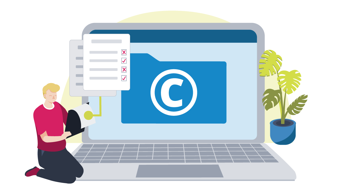 Tes resource author next to laptop screen with copyright symbol to represent copyright rules and exceptions