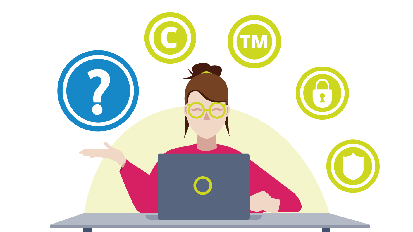Icons surrounding the laptop of a Tes Resources author representing questions on intellectual property