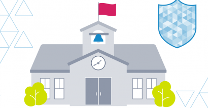 illustration of a small school with flag flying and front view. Next to this is an illustrated shield icon representing safeguarding awareness week