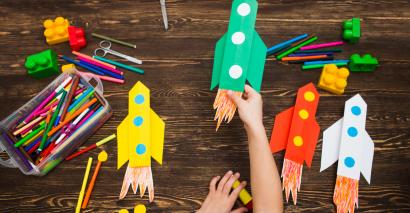 Space rockets and pencils on a desk, space resources for primary