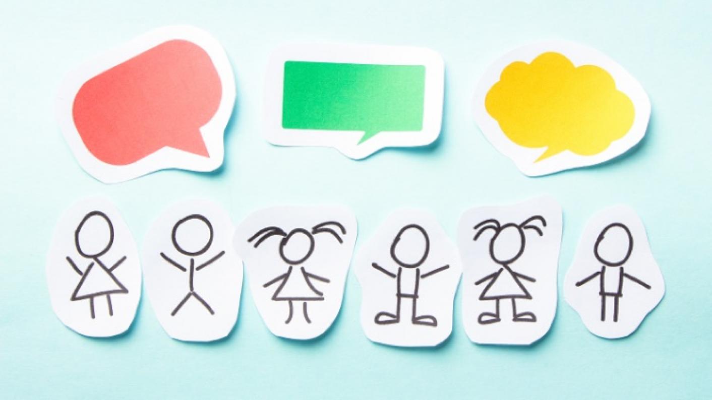 Stick people with speech bubbles above their heads signifying speaking and listening 