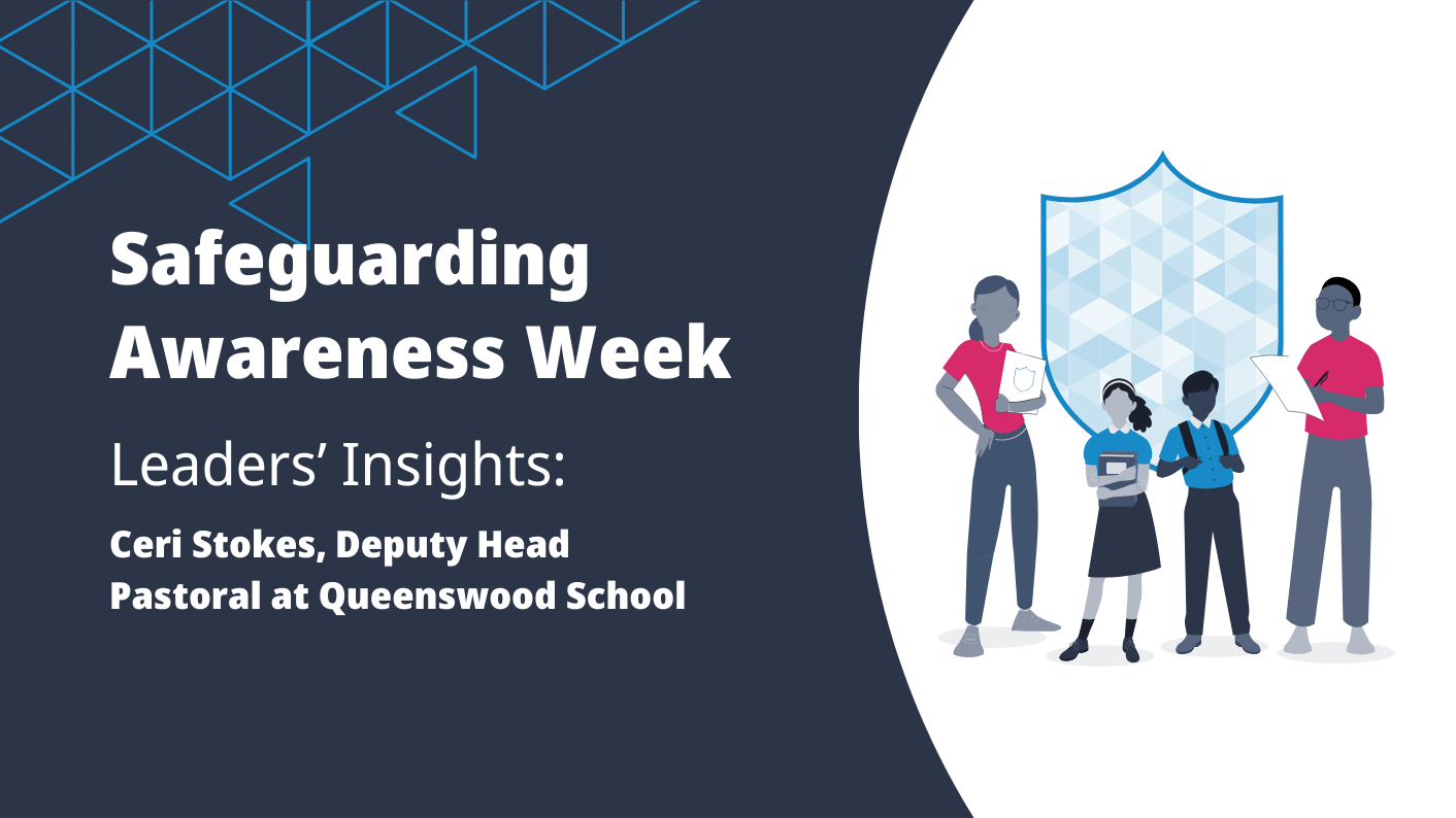 Safeguarding Awareness Week title with illustration of two teachers and two children stood in front of blue, illustrated shield. 