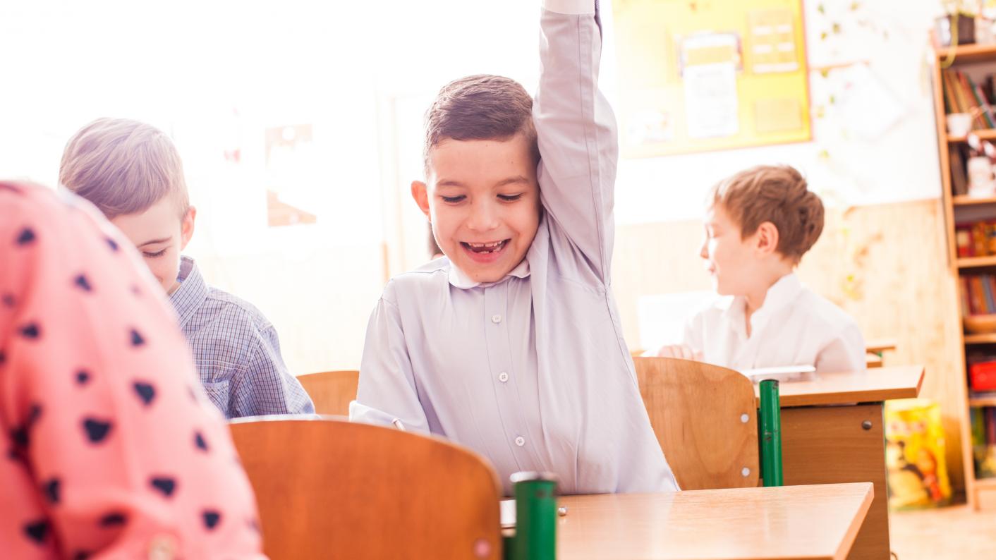Boy Raising Hand To Answer A Question To A Fun End-Of-Term Activity In Primary Classroom
