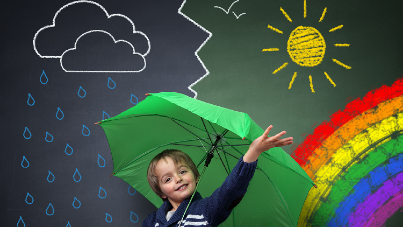 Primary Pupil Holding An Umbrella Standing In Front Of Different Types Of Weather
