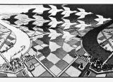 MC Escher drawing, with black and white birds flying