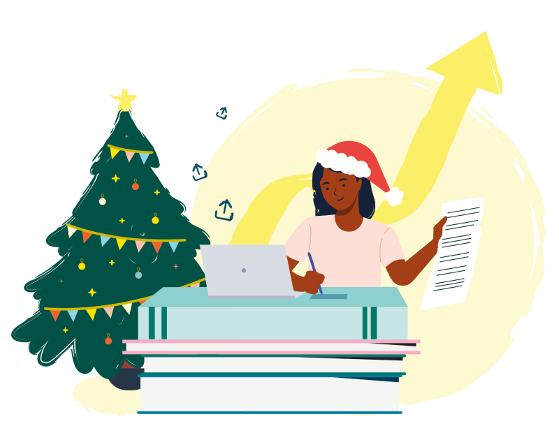Female teacher sat with laptop reading list of trends in front of trending graph. A Christmas tree is also displayed.