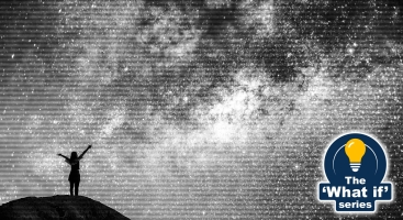 Person standing with open arms against a backdrop of the universe