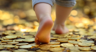 Child walking on coins