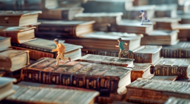 Plastic toy children running up steps of books