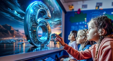 Digital number 6 on futuristic computer screen with children