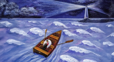 Row boat in rough waters with lighthouse