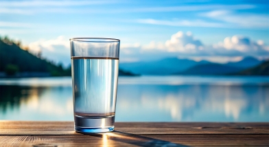 glass half full overlooking a lake