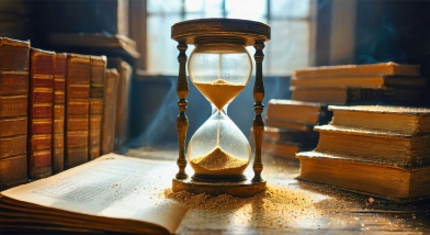 Hourglass on books. Budget time