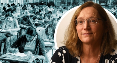A woman with glasses and an exam hall 