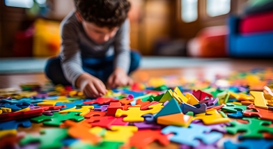 Small boy playing with puzzle pieces
