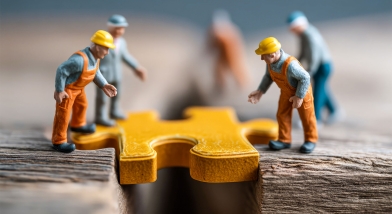 Model figures fixing bridge with jigsaw piece