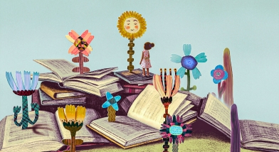 Illustration of books and plants
