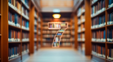 Seven shaped bookshelf in library