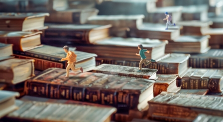 Plastic toy children running up steps of books
