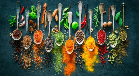 Different spices with spoons