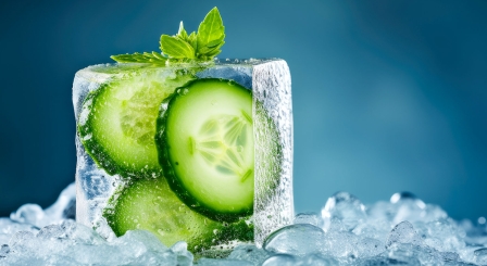 Cucumber slices in ice cube