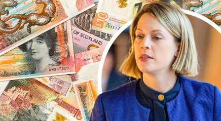 Jenny Gilruth with a background of Scottish money