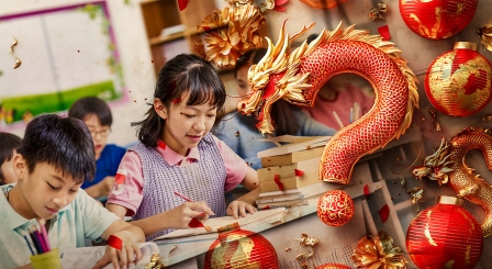 Chinese school children with dragon as question mark
