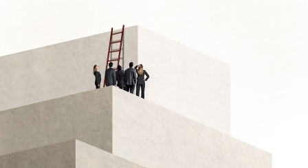 A small group of people trying to climb a wall using a ladder