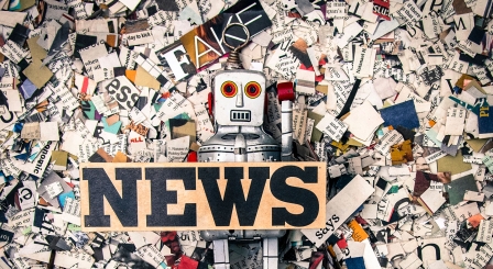 Fake news with ripped newspaper and robot