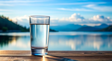 glass half full overlooking a lake