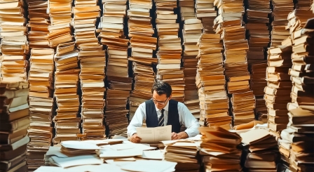 Man sitting at desk with loads of papers