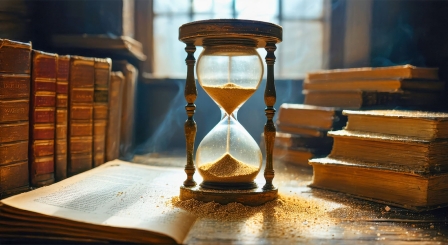 Hourglass on books. Budget time