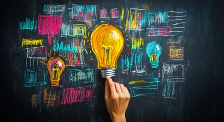 Hand drawn lightbulb on blackboard