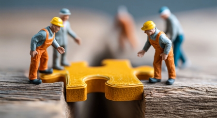 Model figures fixing bridge with jigsaw piece