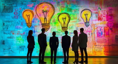 Crowd of people with ideas lightbulbs