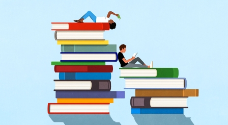 Illustration of teenagers lying on books reading
