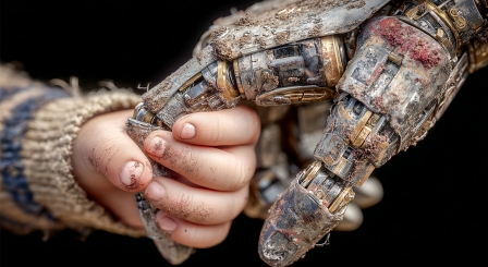 Child holding hand with robot
