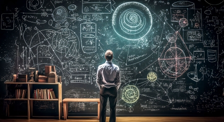 Teacher looking at blackboard