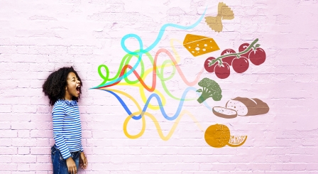 Child shouting  with food pics