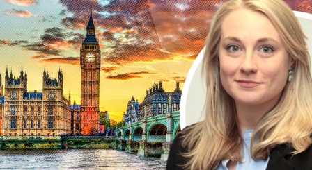 Meg Powell Chandler with houses of Parliament 