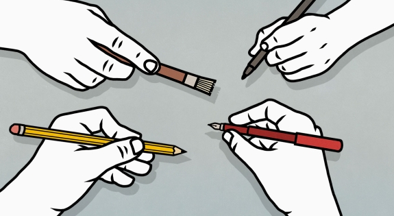 Hands using different pens and pencils and brushes