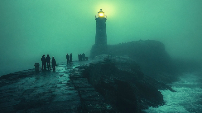 People walking up to lighthouse in dark