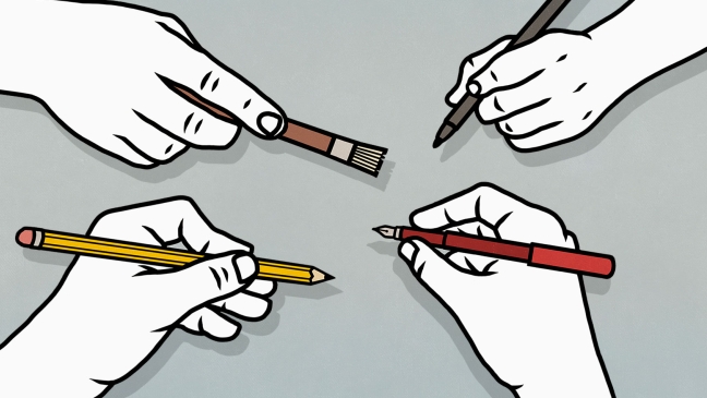 Hands using different pens and pencils and brushes