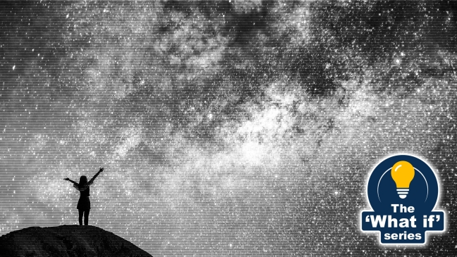 Person standing with open arms against a backdrop of the universe
