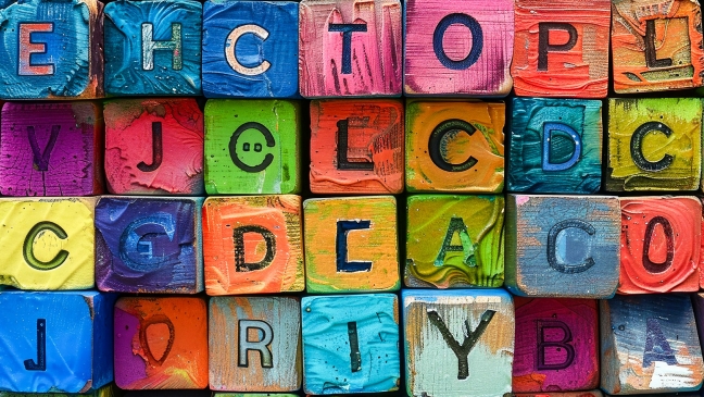 Letters on different coloured blocks
