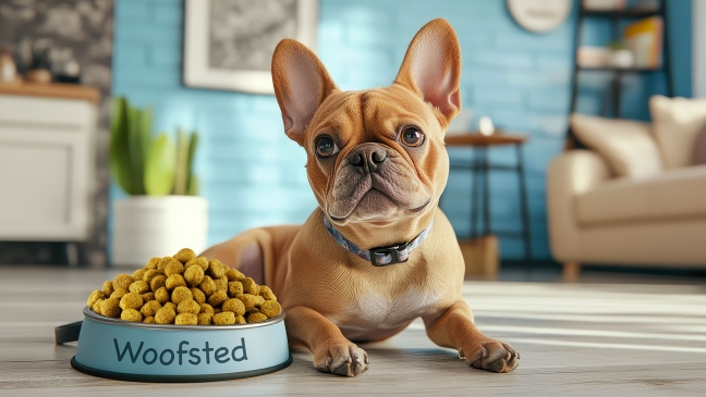 Dog with food bowl